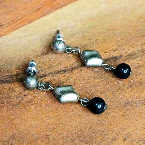 Vintage Black Glass Beaded Dangle Stud Earrings - Picture 1 of 4